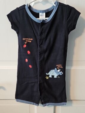 Gymboree Navy Blue Short-Sleeve Dino Snap Romper with Light Blue Trim